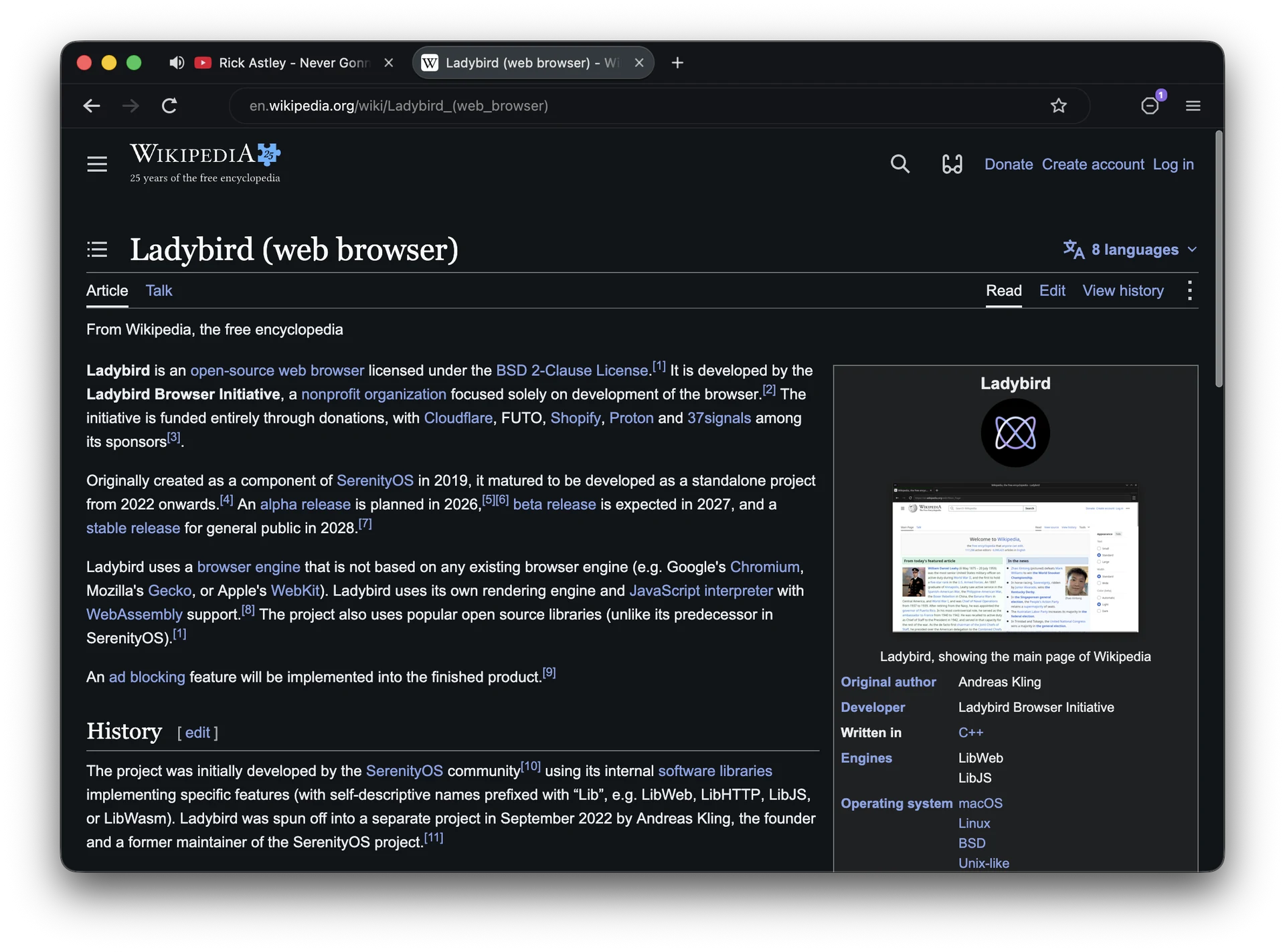 Ladybird showing the Wikipedia article about Ladybird