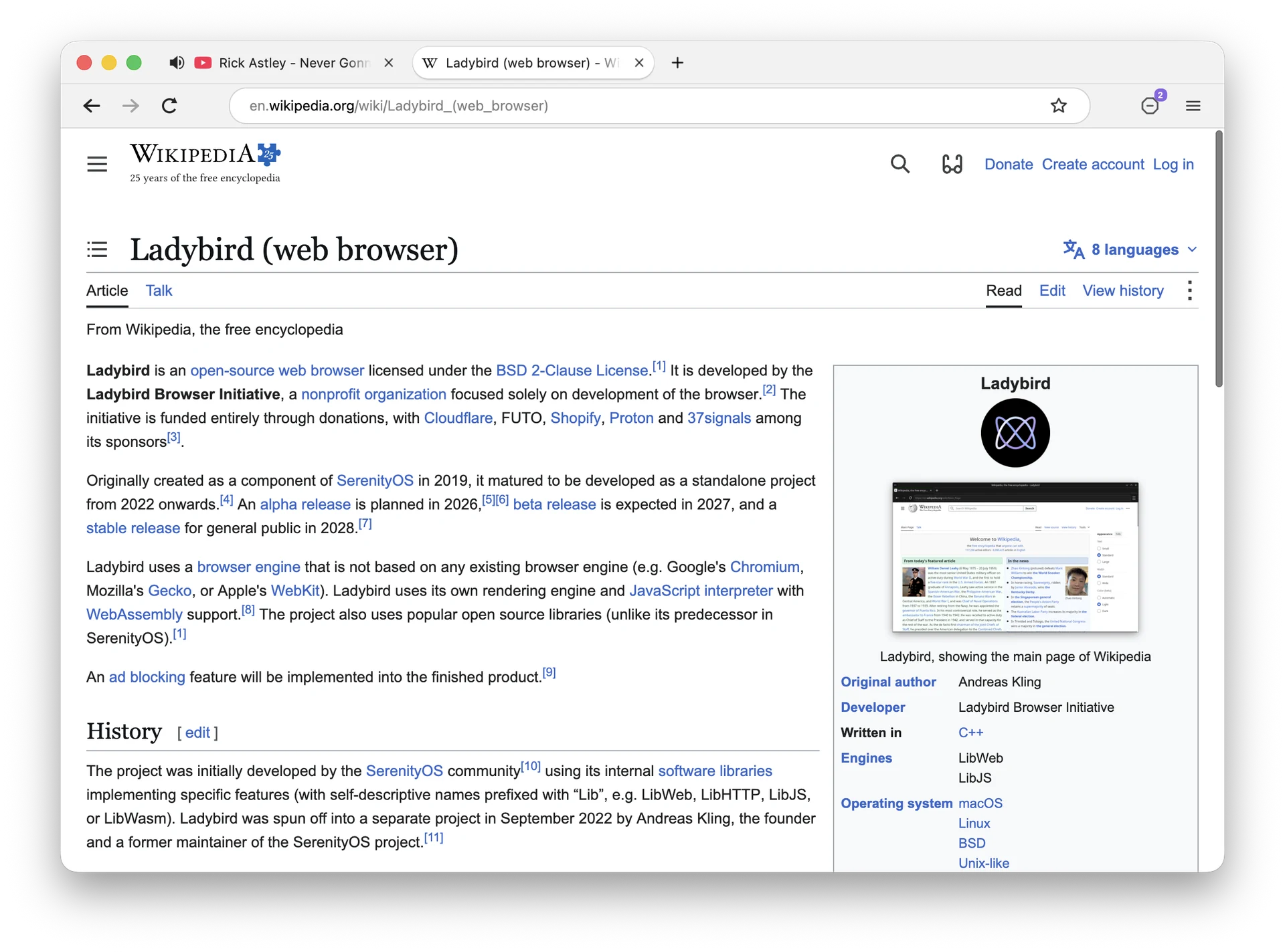 Ladybird showing the Wikipedia article about Ladybird