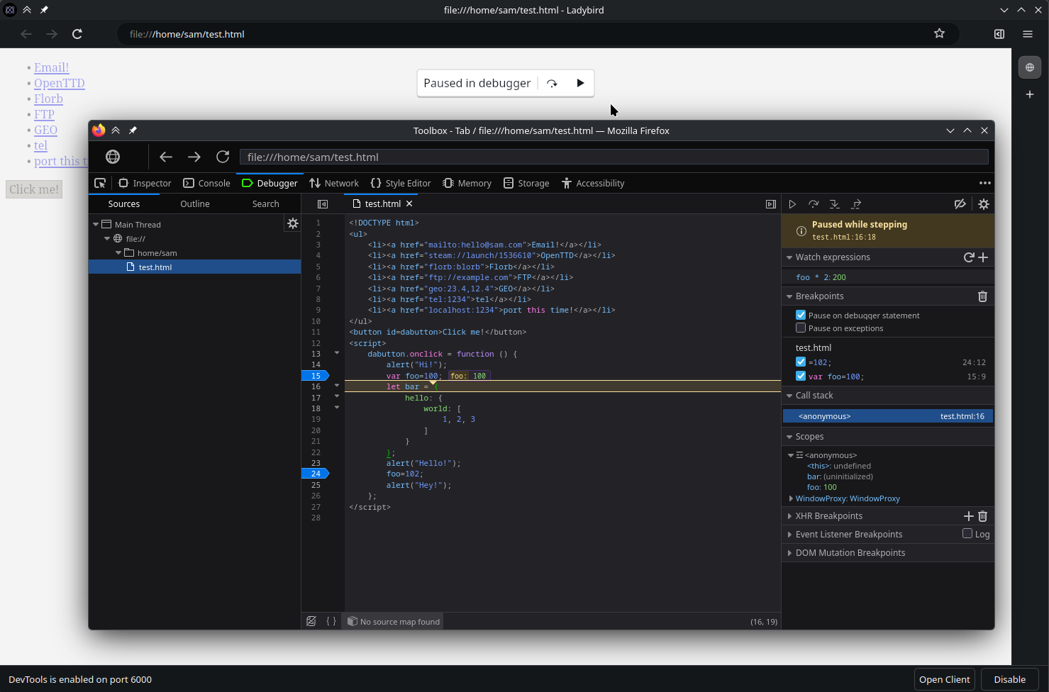 Ladybird paused in the debugger, with the Firefox DevTools frontend showing breakpoints, a call stack and watch expressions