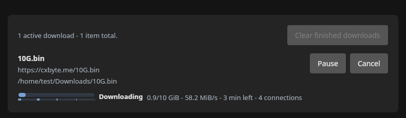 The downloads UI with an active download showing progress, speed, connections and a Pause button