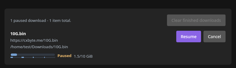 The same download paused, with a Resume button
