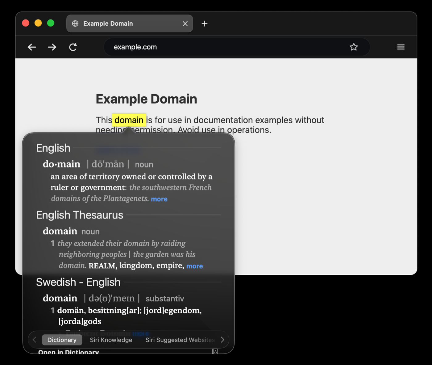 The macOS dictionary popover showing a definition for a word selected in a web page