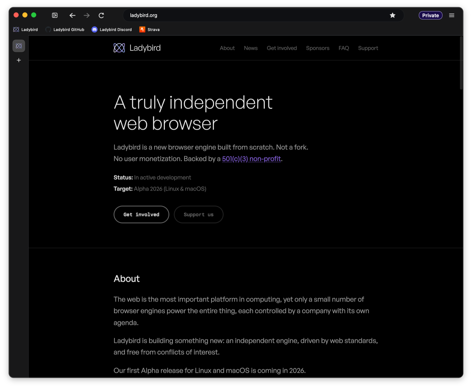 A Ladybird private browsing window, marked with a Private badge in the toolbar