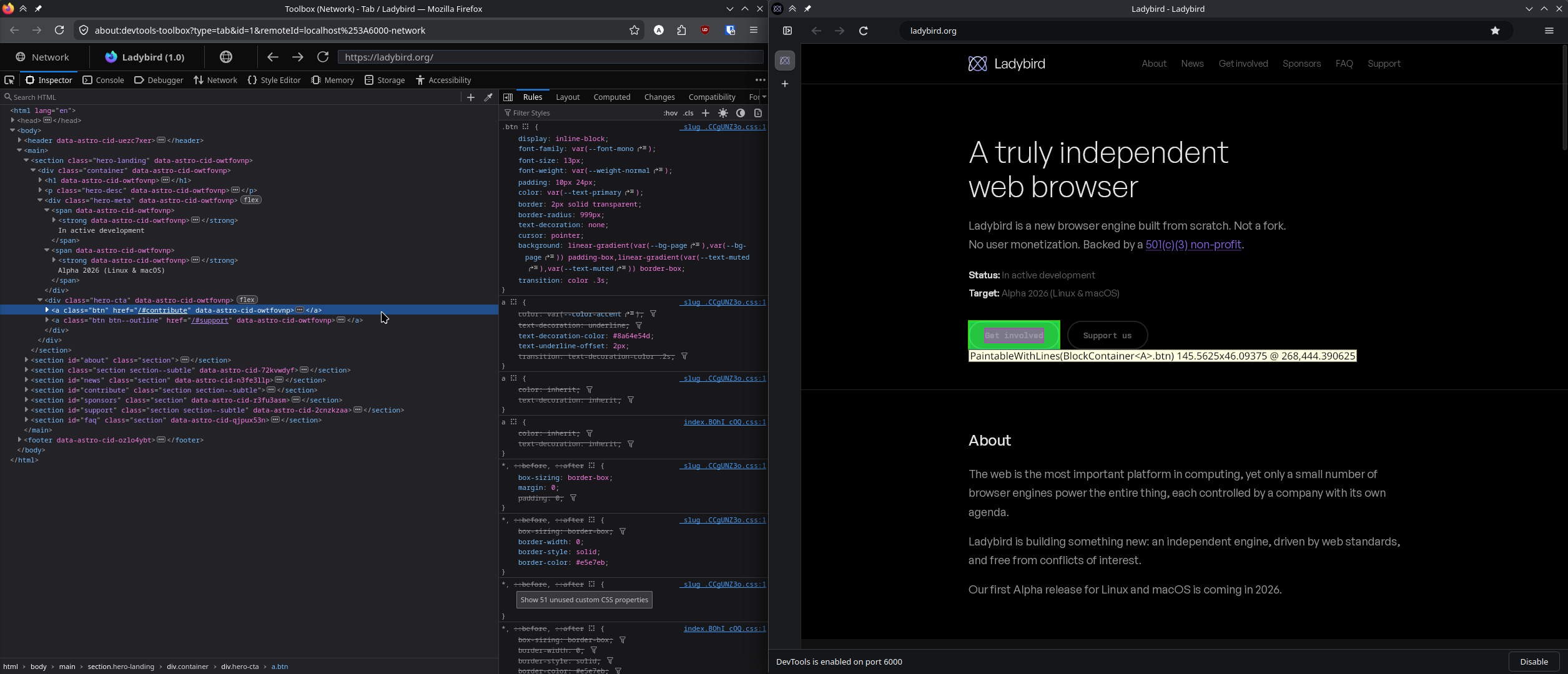 DevTools Rules panel showing the cascade of CSS declarations for a button