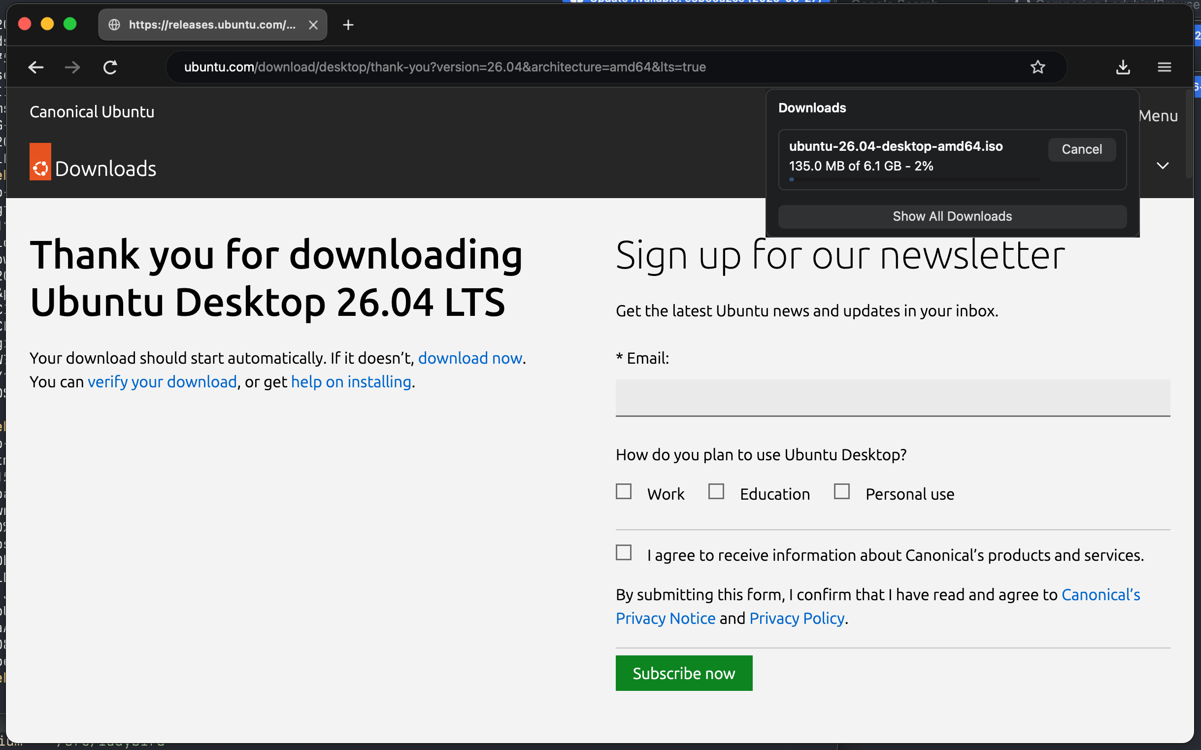 A download in progress, shown in a popover from the toolbar download button