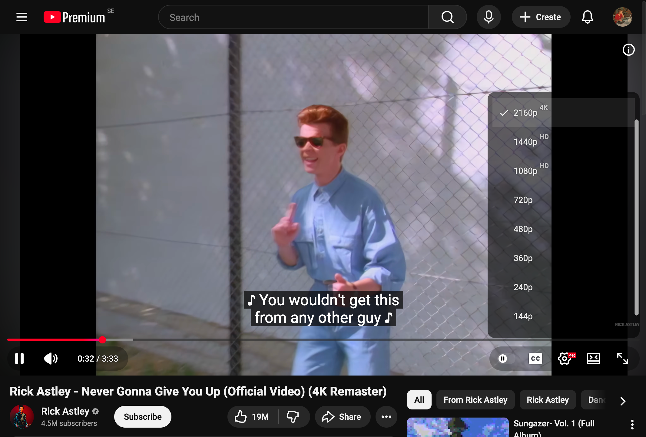 A YouTube video playing in Ladybird with the quality menu open and 2160p (4K) selected