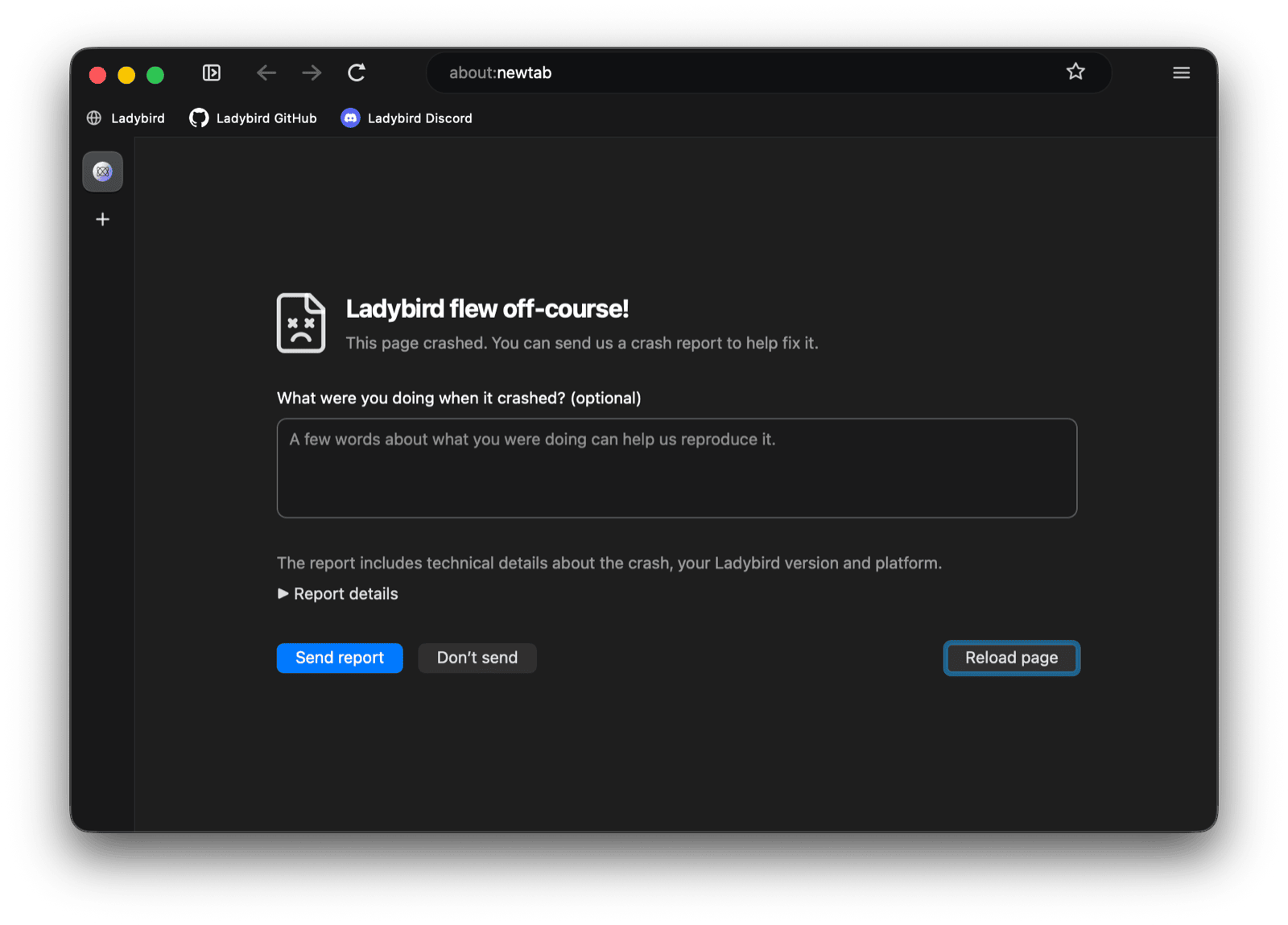 Ladybird's crash screen titled 'Ladybird flew off-course!' with an optional text field asking what you were doing, a Report details disclosure, and Send report, Don't send, and Reload page buttons