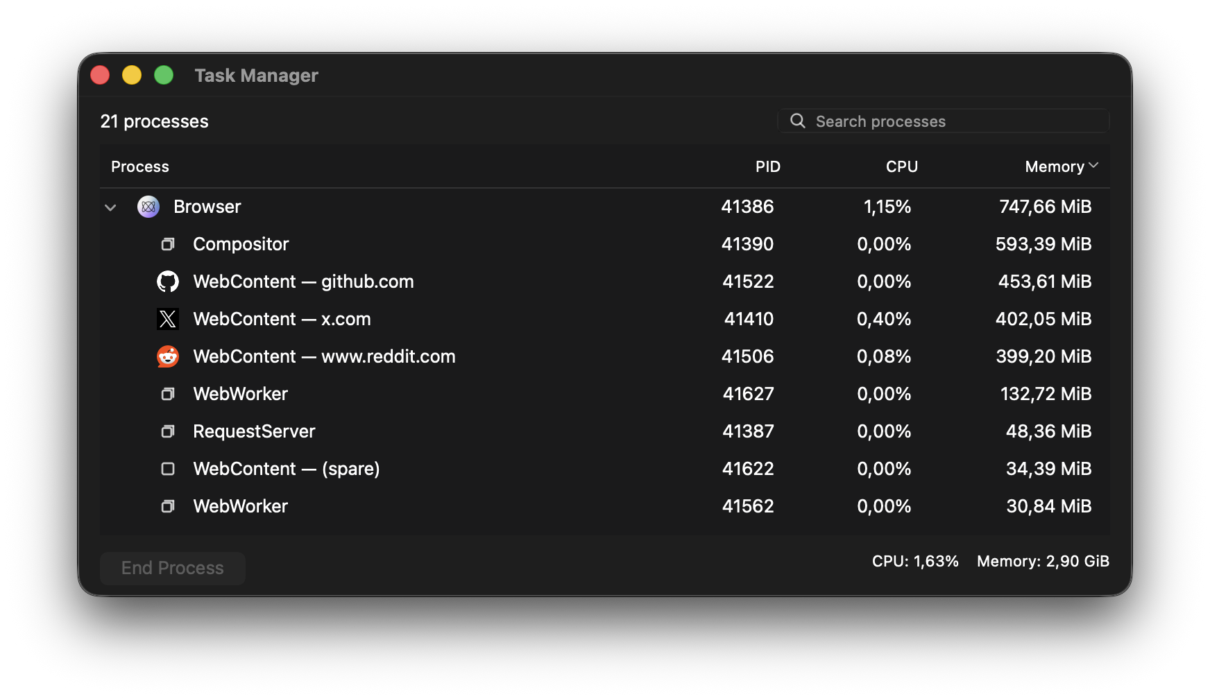 Ladybird's native task manager listing browser helpers and page processes with their CPU usage, memory usage, and an End Process button